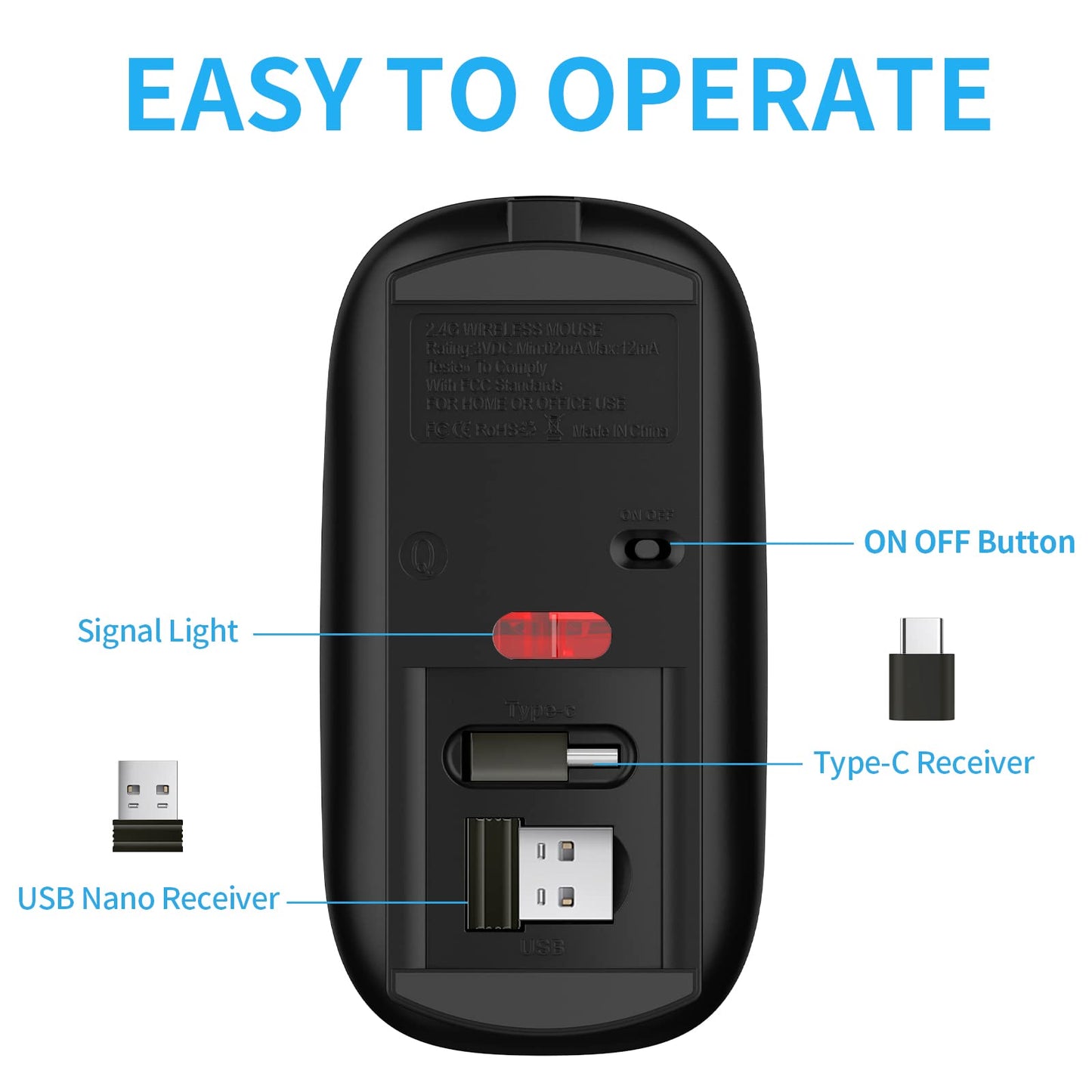 Leolee Mouse Inalámbrico, Ratón Inalámbrico Recargable, Mouse Wireless con 2.4G, óptico Silencioso Click, Receptor USB y Tipo-c Adaptador 3 Ajustable dpi para Computadora, Portátil, PC, Mac (Negro)