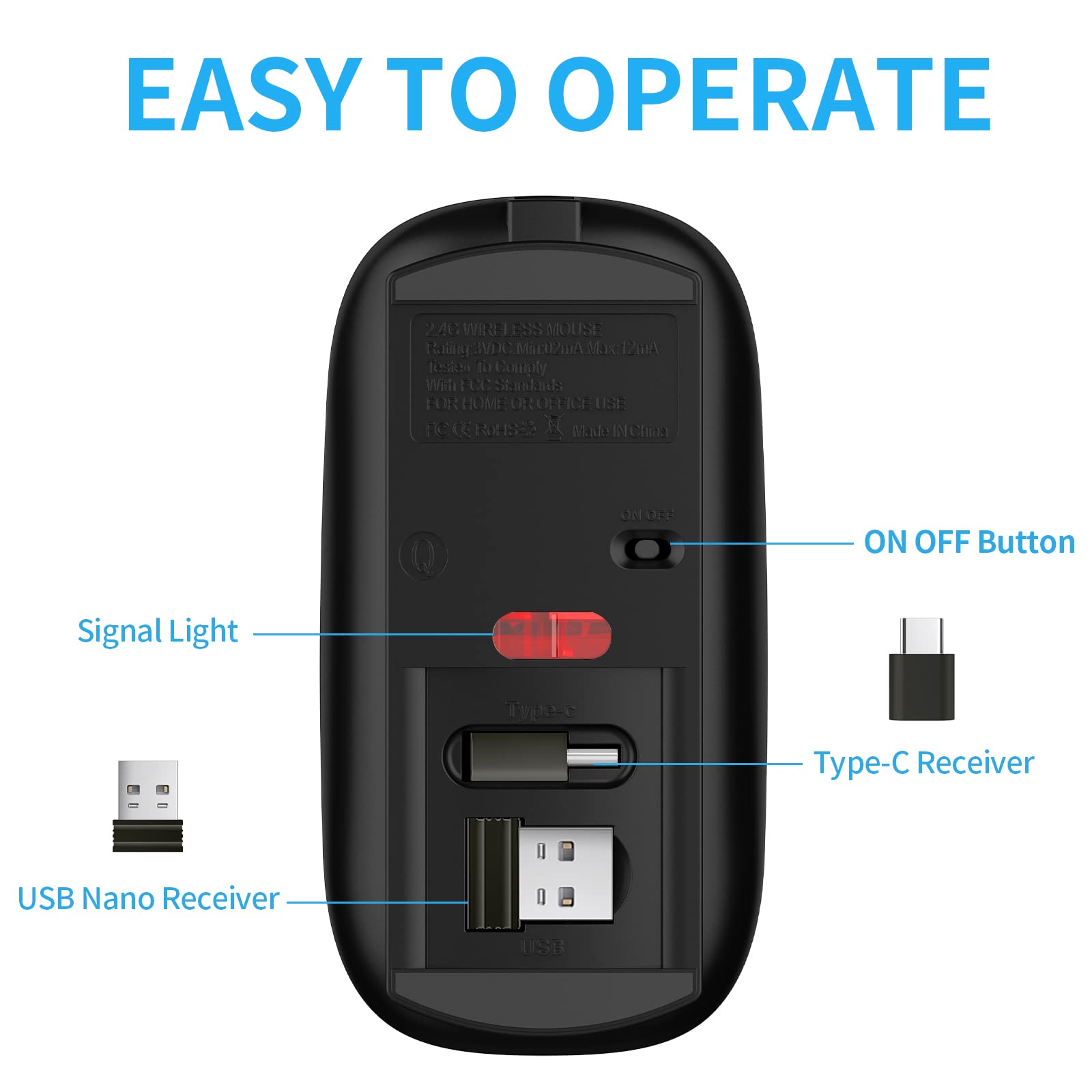 Leolee Mouse Inalámbrico, Ratón Inalámbrico Recargable, Mouse Wireless con 2.4G, óptico Silencioso Click, Receptor USB y Tipo-c Adaptador 3 Ajustable dpi para Computadora, Portátil, PC, Mac (Negro)