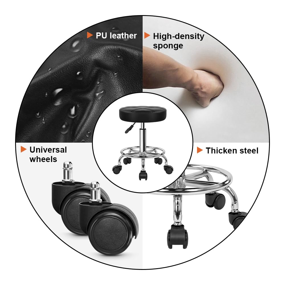 KKTONER Sillas giratorias de Piel sintética con Ruedas Taburetes giratorios Redondos de Altura Ajustable con reposapiés para SPA Masaje Tatuaje Salón Pequeño Negro