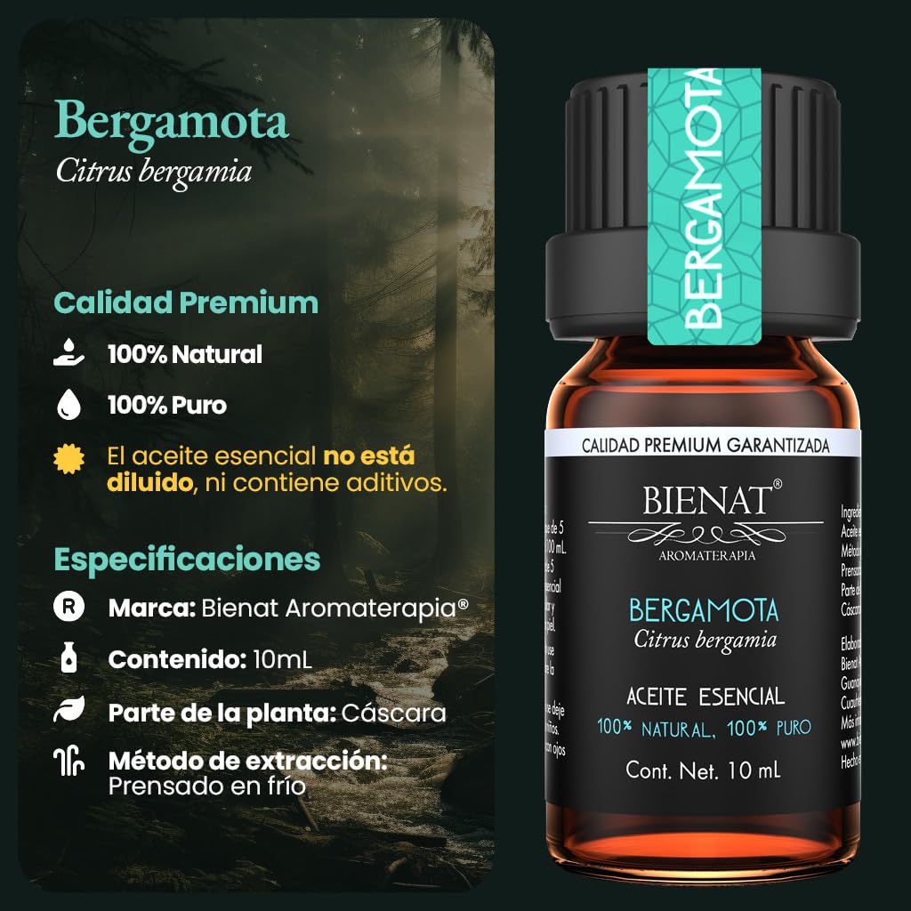 BIENAT AROMATERAPIA Aceite Esencial de Bergamota 10mL | 100% Puro y Concentrado | Ideal para Difusor de Aromas, Humidificador, Aromaterapia, Masajes, Meditación, Jabones y Velas | Esencia Natural en Gotas