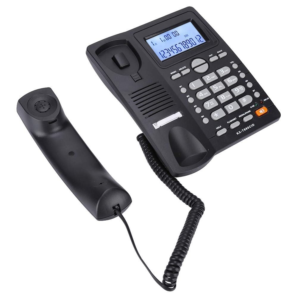 Teléfono Fijo, teléfono de Escritorio con identificador de Llamadas, teléfono con de extensión de Doble Puerto, Cable con Cable y Altavoz (Negro)