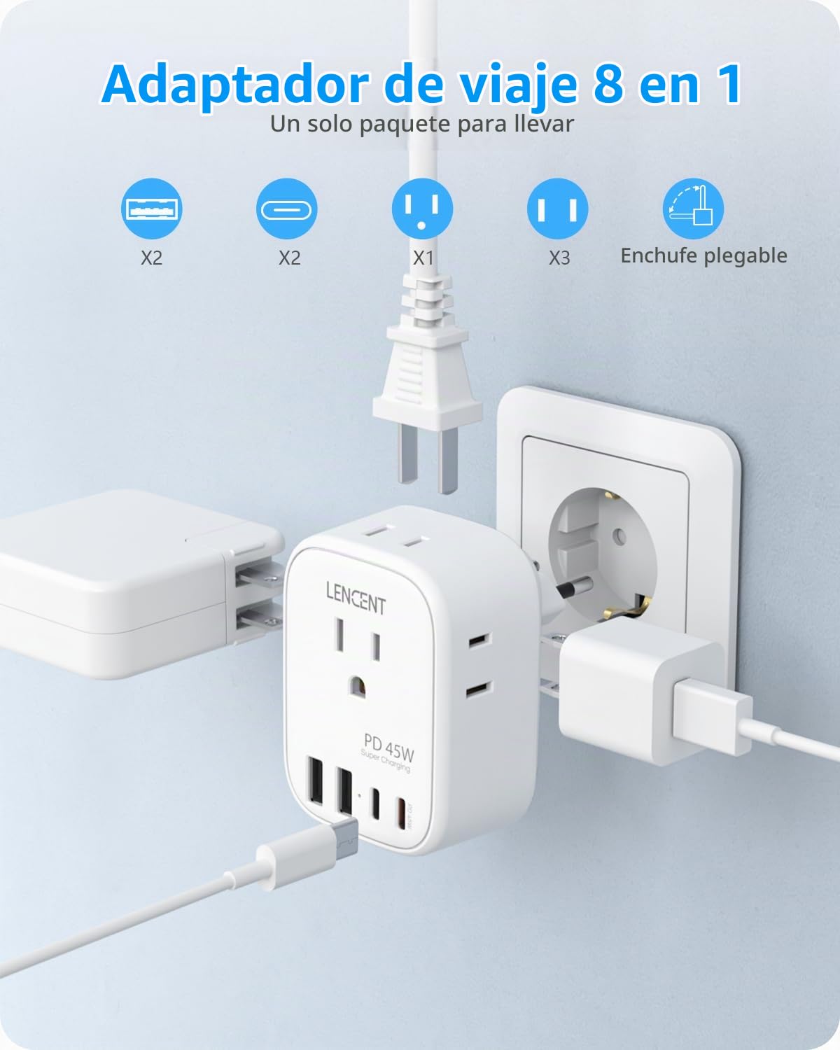 Adaptador de Viaje LENCENT Europeo Tipo C Plegable PD45W 4 Tomas
