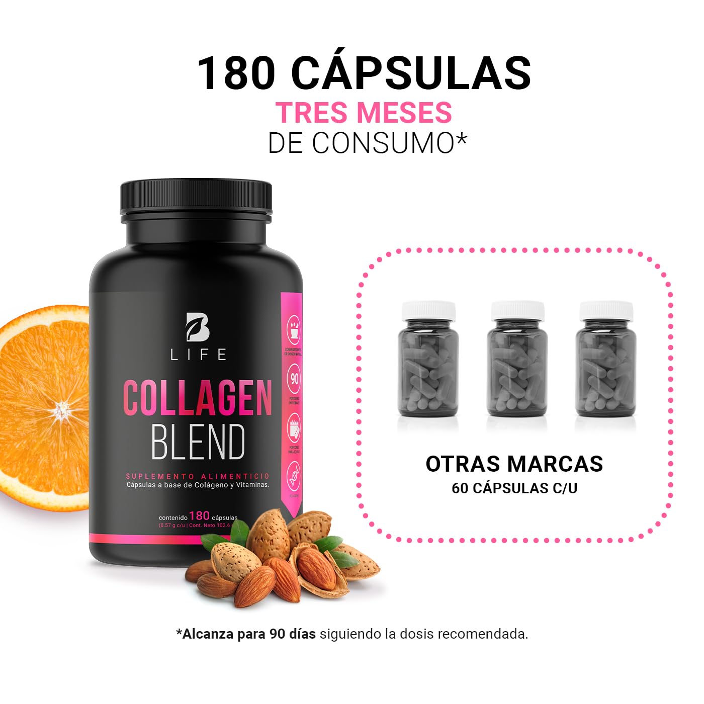 B Life Colágeno Hidrolizado | 200 Cápsulas | 1140 mg por porción | Adicionado con Biotina, Ácido Hialurónico, Ácido Fólico, y Vitaminas | Ingredientes naturales. Collagen Blend B Life.