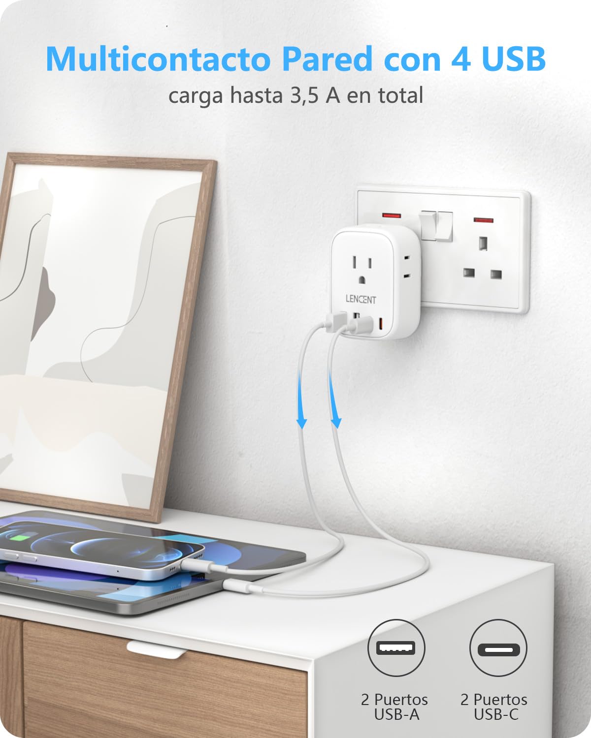 LENCENT Adaptador de Enchufe Inglés Tipo G con 4 Salidas CA, 2 USB-C y 2 USB-A - Cargador para Viaje de México a Reino Unido, Hong Kong, Irlanda, Dubái