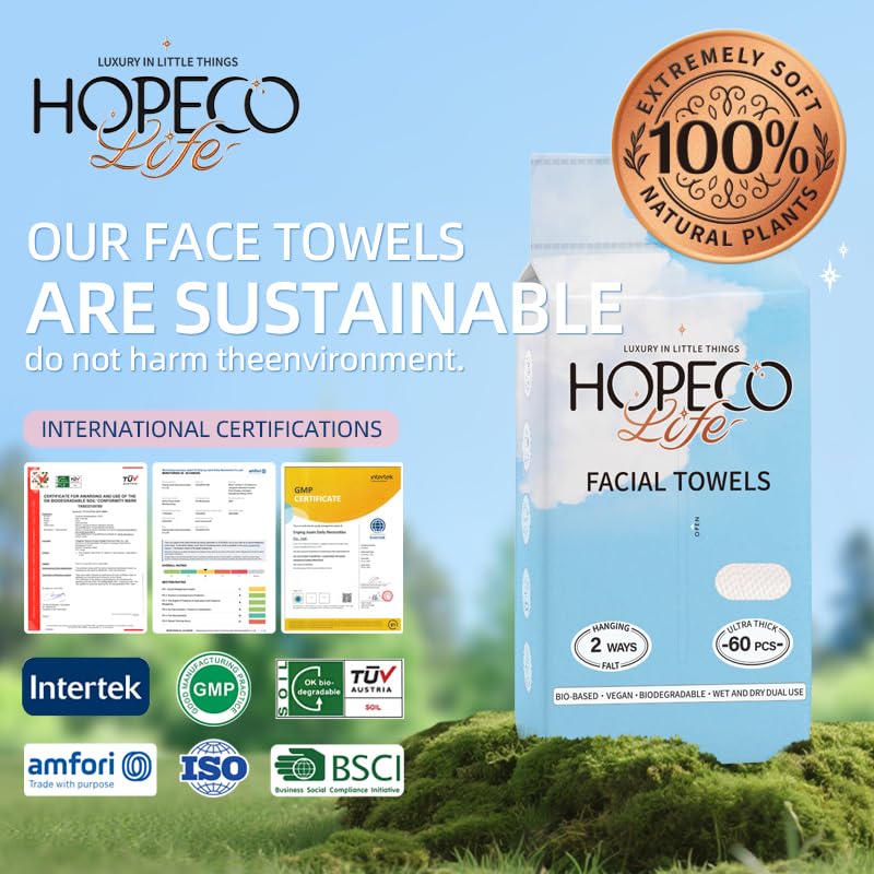 Hopeco Life Toalla facial desechable, paquete suave, 60 unidades, XL, doble uso (colgada y plana), toallitas secas, paños faciales sin pelusa, desmaquillante, toallitas limpiadoras suaves,