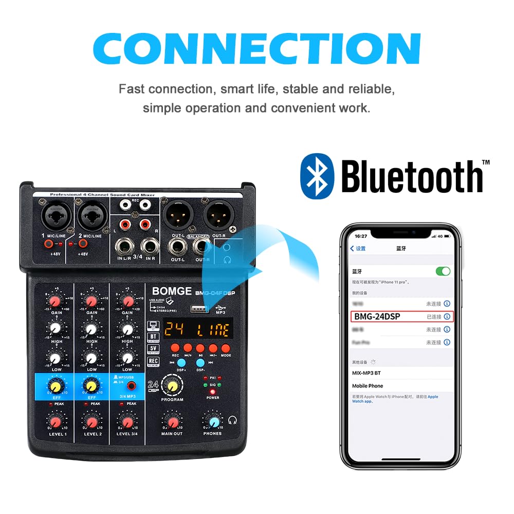 BOMGE - Mini mezclador de sonido para DJ de 4 canales con MP3, USB, Bluetooth, grabación estéreo, alimentación fantasma de 48 V, 24 DSP para karaoke, actuación, canto de iglesia, transmisión de podcas