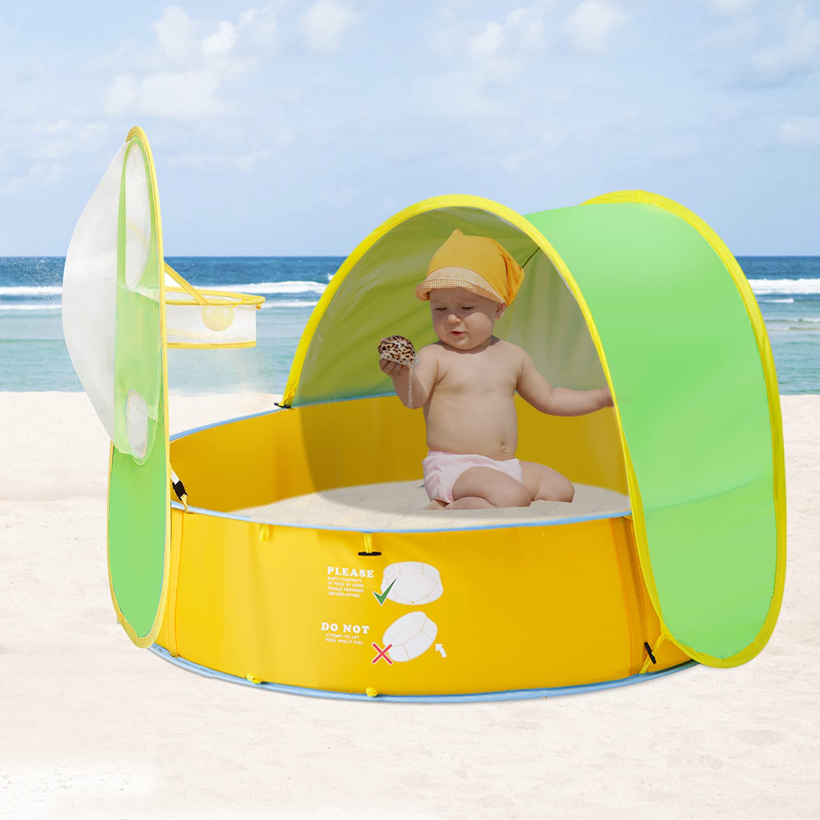 FBSPORT Tienda de campaña de playa para bebé, refugio solar portátil, tienda de campaña para niños, piscina infantil, protección UPF 50+ con aro de baloncesto