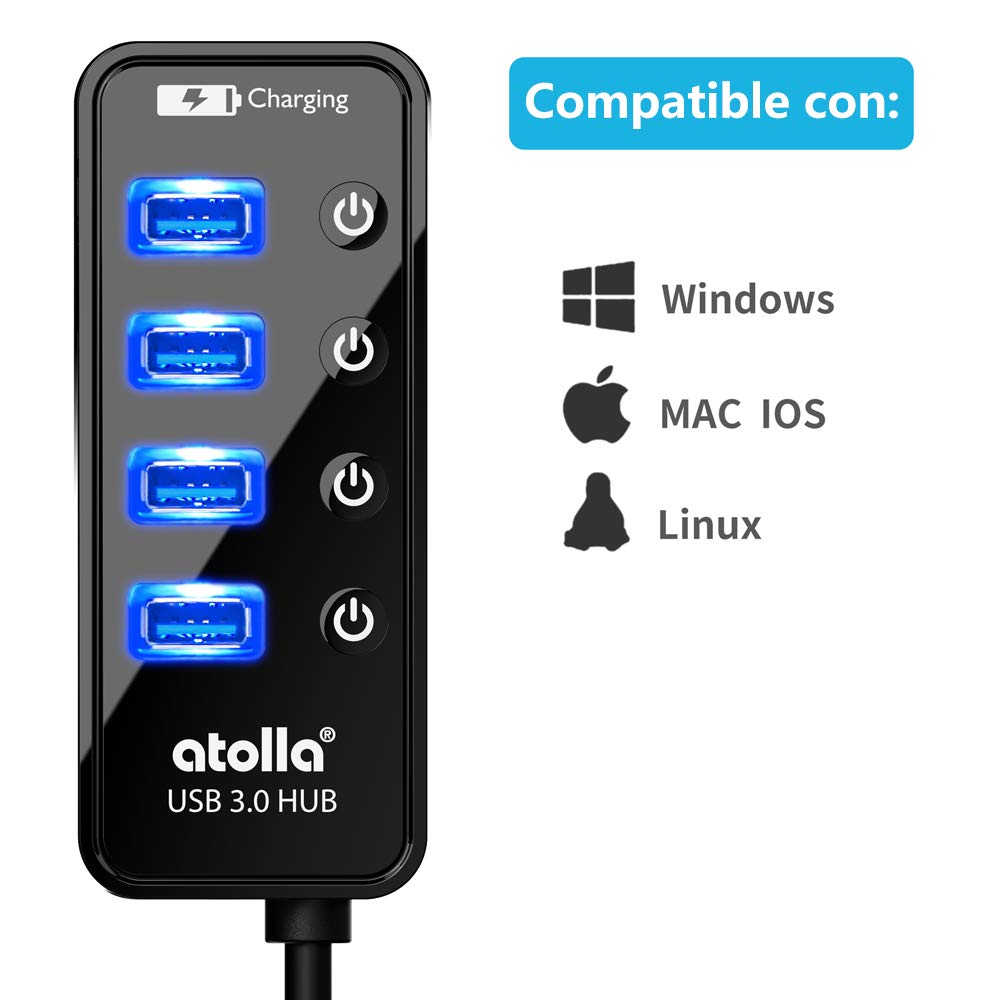 ATOLLA Hub USB 3.0 5 en 1, 4 Puertos Super Speed 5Gbps Multi USB Hub con Interruptor Independiente con 1 Puerto de Carga USB (Longitud del Cable 0,6 Metros, sin Adaptador de CA)