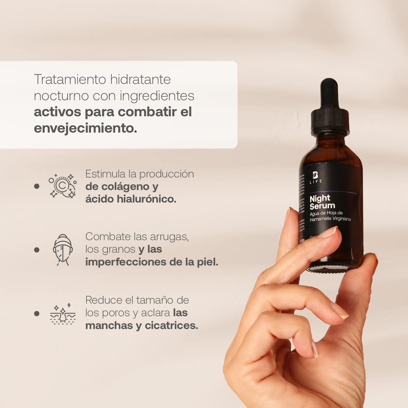 Sérum de Noche para Rostro de 60 ml con 96% de Ingredientes Naturales. Enriquecido con Retinol y Ácido Hialurónico. Skincare Antiarrugas. Night Serum B Life.