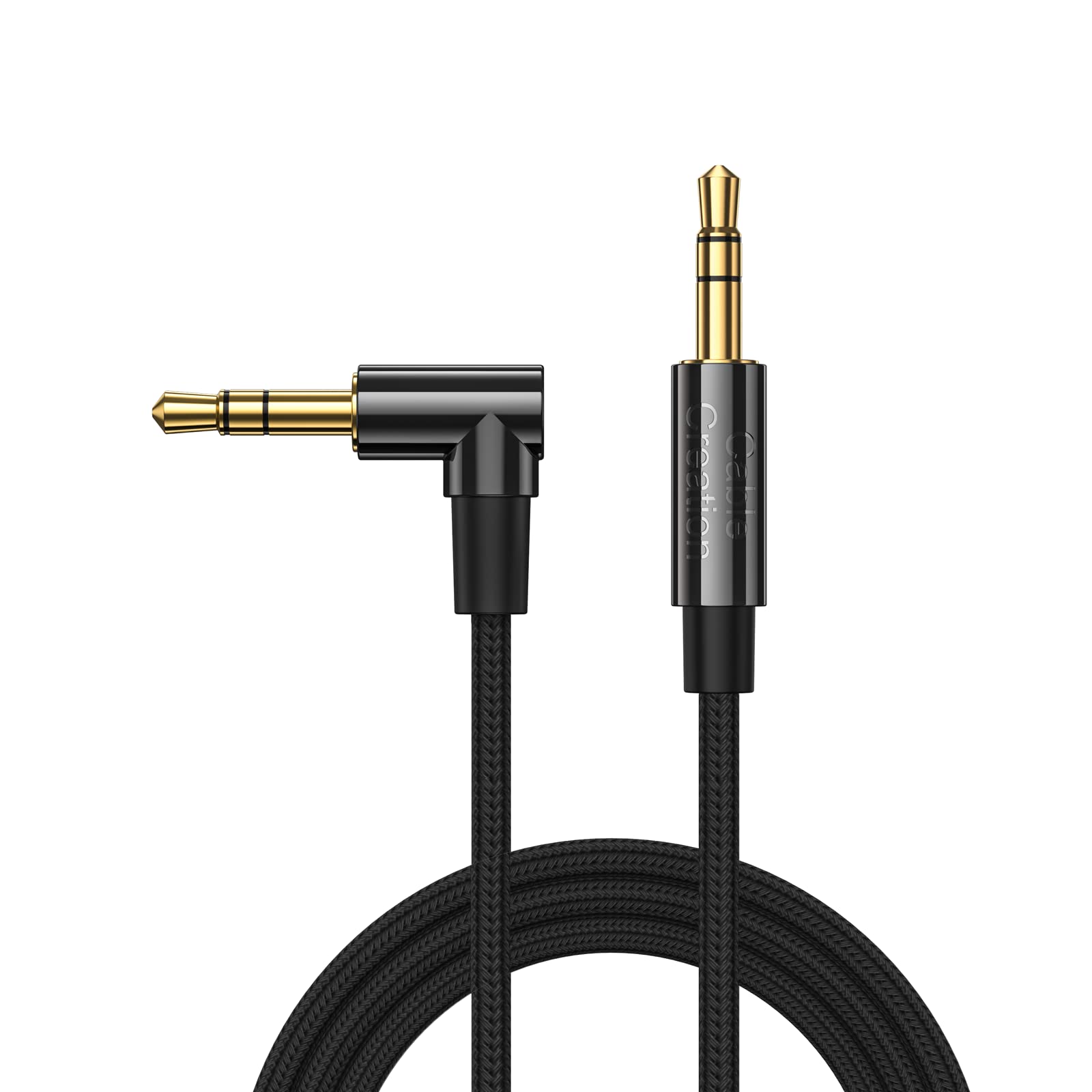 CableCreation Cable de audio auxiliar estéreo HiFi de 3,5 mm 3 metros, ángulo recto de 3,5 mm con núcleo de cobre plateado para estéreos de automóviles, iPhones, negro