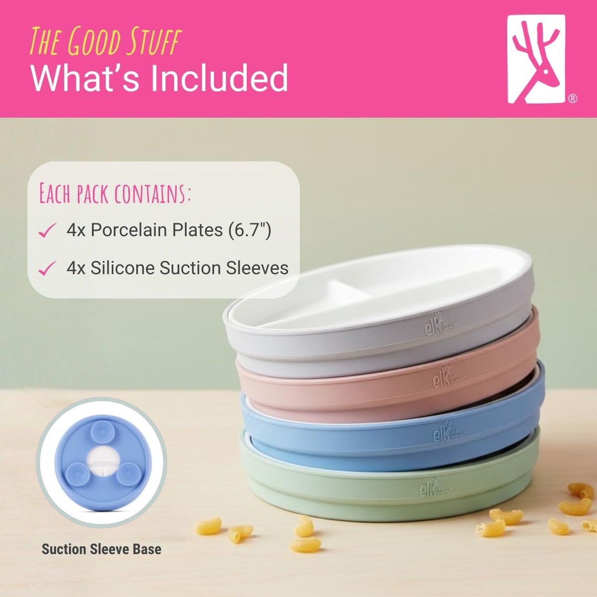 Elk and Friends - Platos divididos de porcelana blanca para niños de 17 cm con mangas de succión de silicona | Adecuados para bebés/niños pequeños | Apto para microondas y lavavajillas | Vajilla que