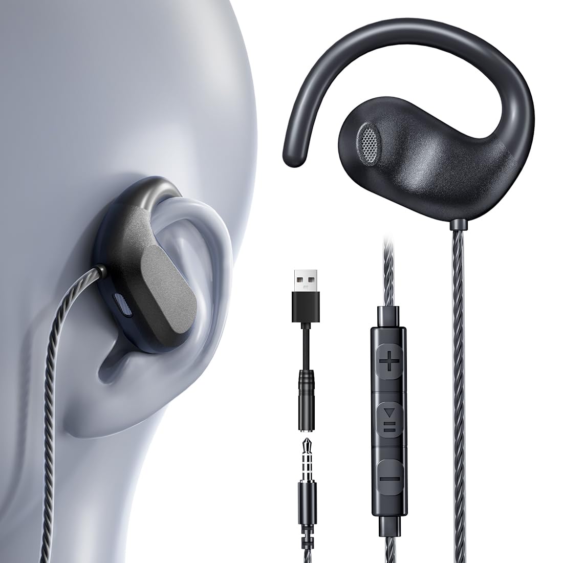 Auriculares Abiertos con Cable QOEKUEY Negro con Micrófono y Controles en Línea para Smartphones y Computadoras