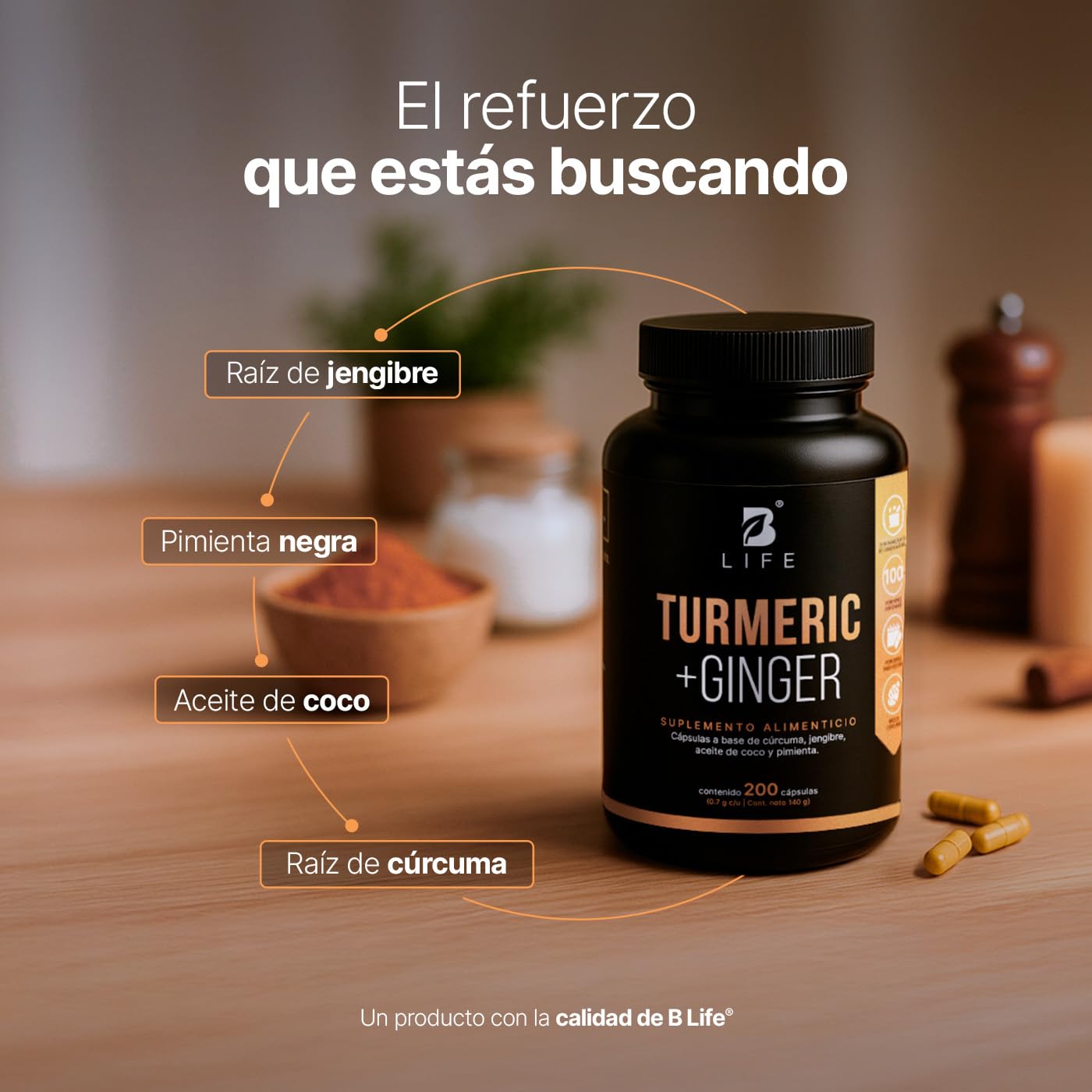 B Life Cúrcuma Con Jengibre y Aceite De Coco | 200 Cápsulas | 1400 mg por porción | Adicionado con Pimienta Negra | Turmeric + Ginger.