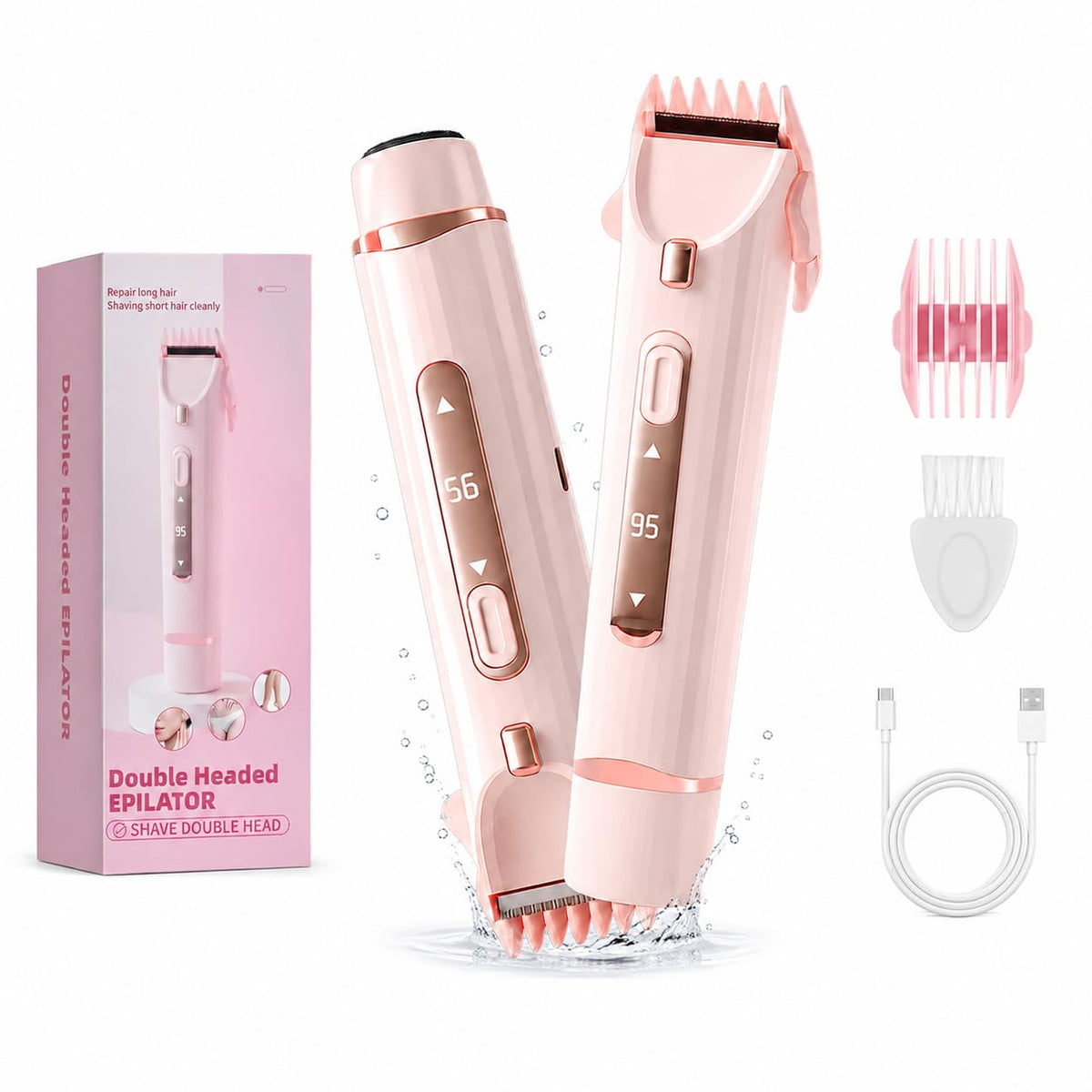2 En 1 Maquina para depilar mujer, rasuradora eléctrica mujers, con Luces Auxiliares, Doble Cabezal | Recargable Type-C e IPX7, para Bikini Facial Brazos Axilas (Rosa)