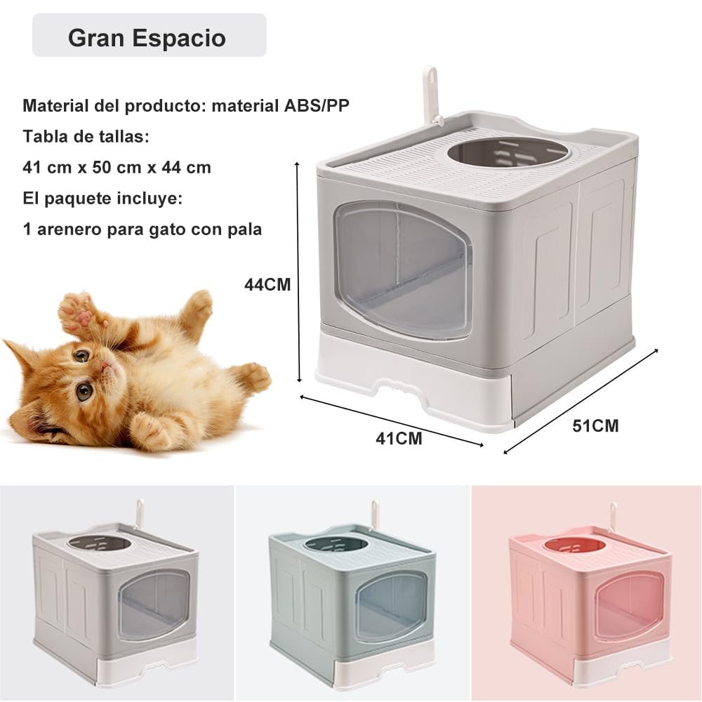 Arenero/Inodoro para Gato con Pala de Plegable, Caja de Arena para Gatos Removibles 51*44*41cm con Puerta Superior&Puerta Lateral Móvil de dos Direcciones, Antiolor y a Prueba de Salpicaduras (Gris)
