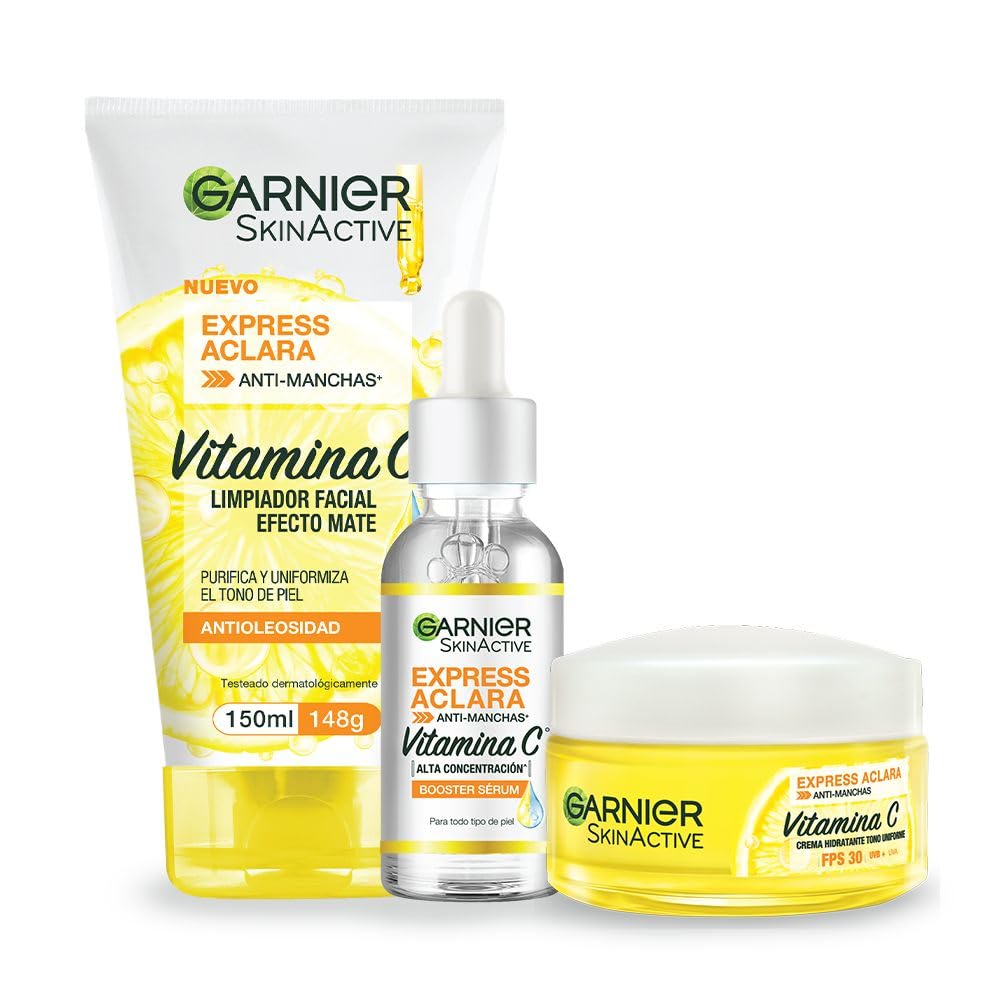 Kit Garnier Express Aclara Rutina anti manchas con Vitamina C: Sérum facial, crema hidratante y gel limpiador, 3 piezas. Hidrata, ilumina y unifica el tono de la piel