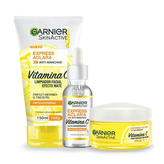 Kit Garnier Express Aclara Rutina anti manchas con Vitamina C: Sérum facial, crema hidratante y gel limpiador, 3 piezas. Hidrata, ilumina y unifica el tono de la piel