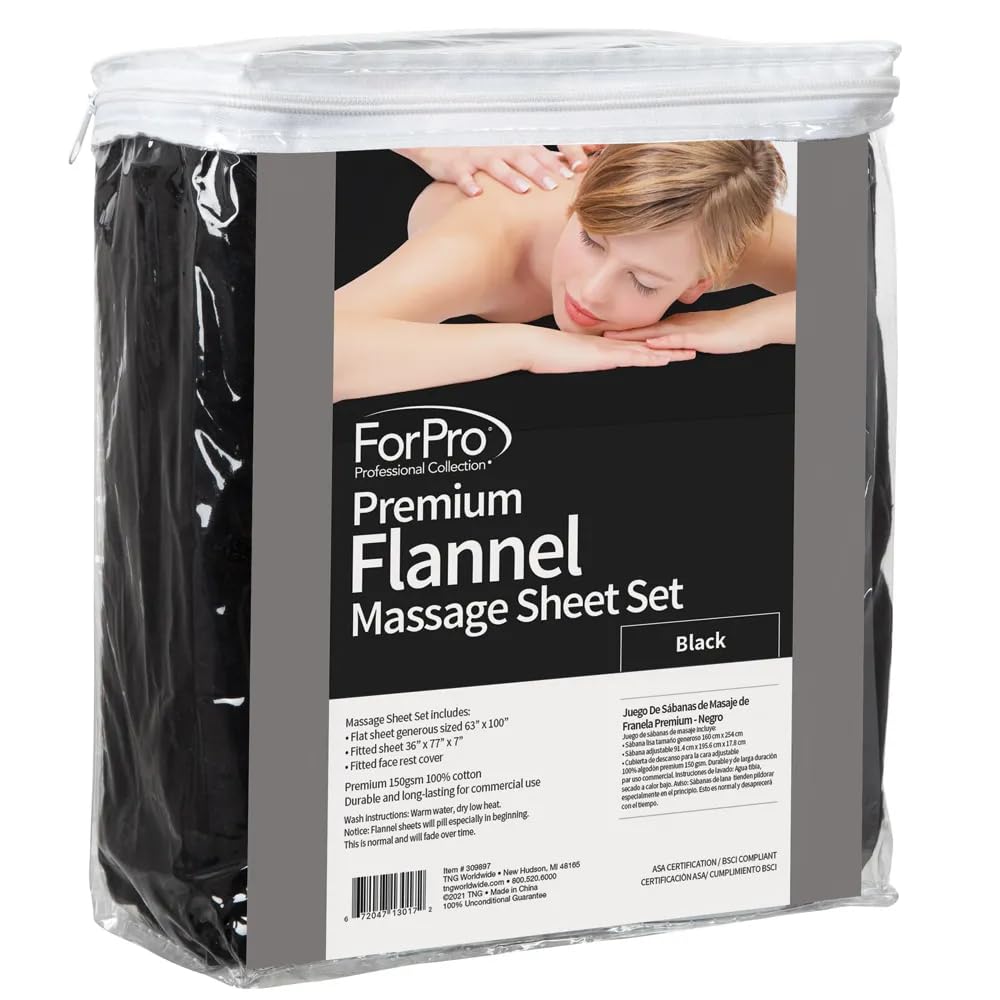 ForPro Juego de sábanas de Masaje de Franela Premium de 3 Piezas para mesas de Masaje, Incluye sábana encimera, sábana Bajera y Funda Ajustable para reposabrazos, Color Negro