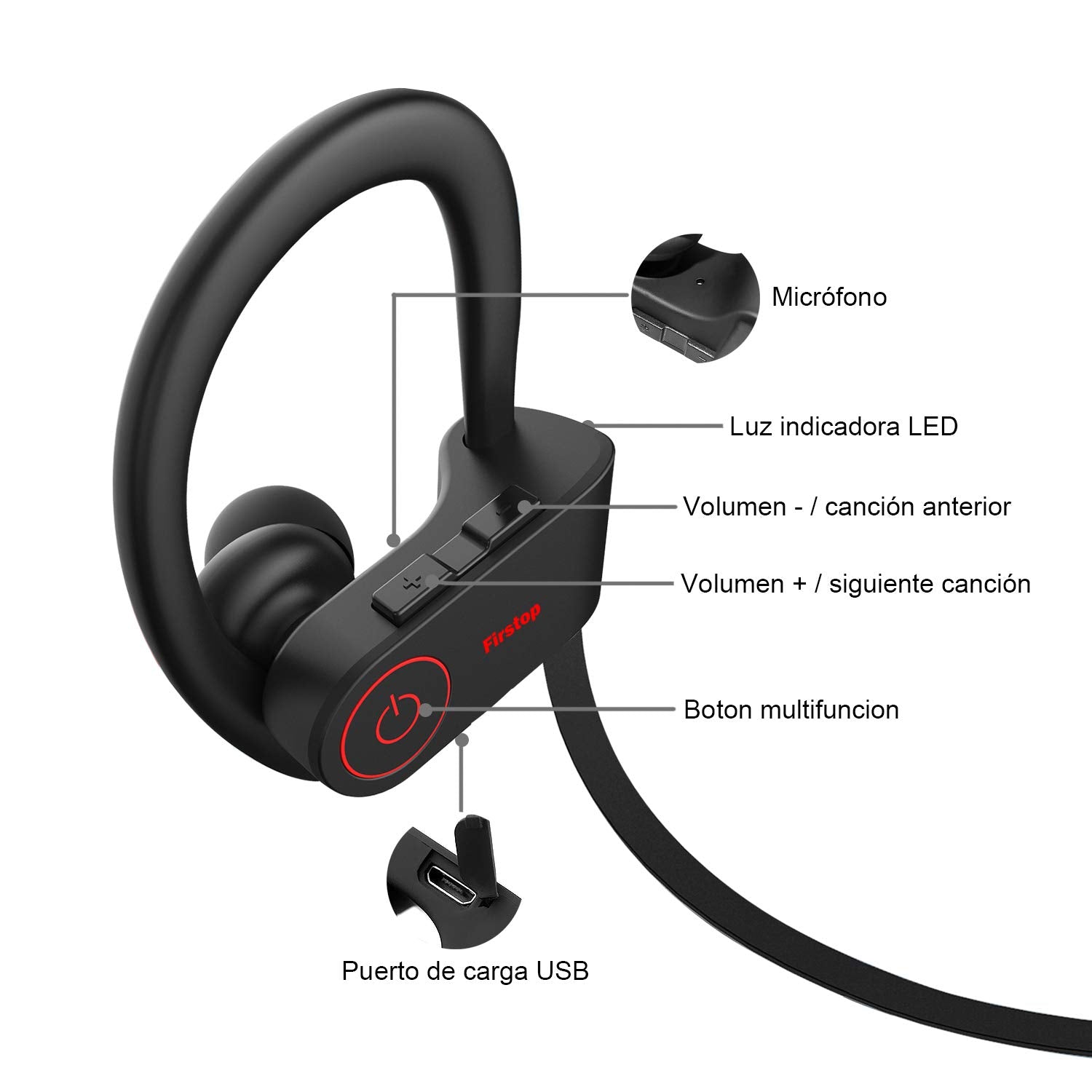 Firstop Auriculares Bluetooth, Audífonos Inalámbricos Impermeables IPX7, Auriculares con Reducción de Ruido y Ajuste Seguro para Deportes y Gimnasia, con Micrófono Incorporado