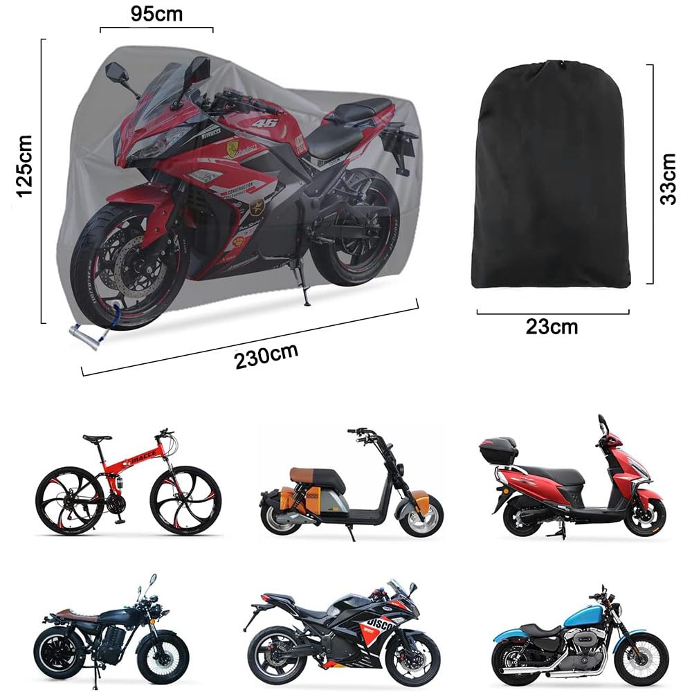Cubierta para Motocicleta Impermeable Al Libre - Funda para Moto Protección Contra el Polvo, Lluvia y Clima, Agujeros de Bloqueocontra, Poliéster Protección 190T (230 * 125 * 95 cm, Negro y Plata)