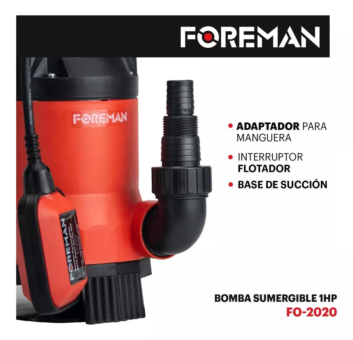 Foreman Bomba Sumergible De Pozo Plástica | Bomba de Agua Limpia Silencioso Para Fuentes, Pecera, Acuario, Jardín y Estanque | 1Hp 750w 120v | 230 Litros Per Minute | Negro/Rojo