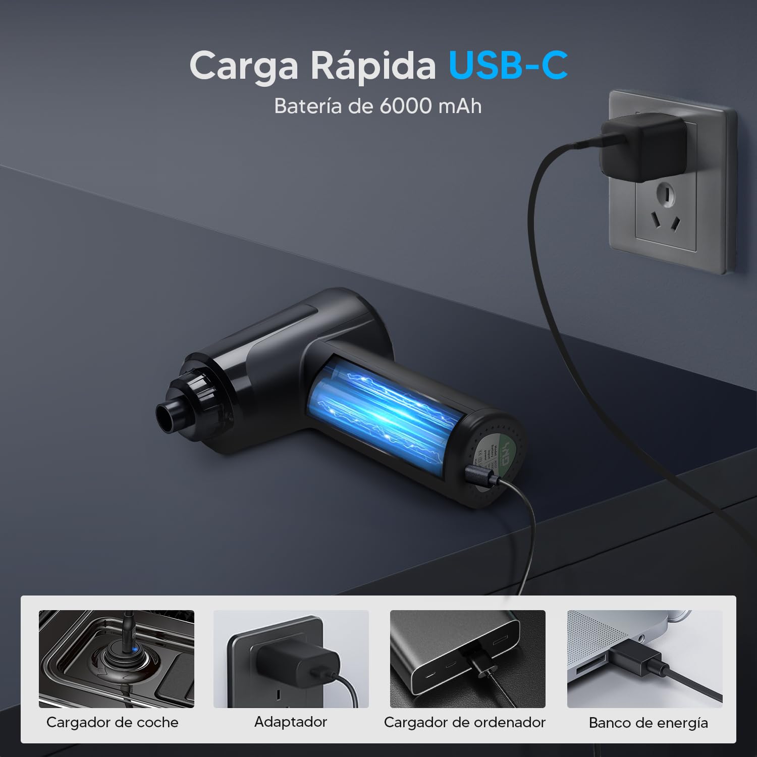 Aire Comprimido Eléctrico Inalámbrico Negro de 3 Velocidades con Luz LED para Limpiar Teclado y Pelo de Mascotas