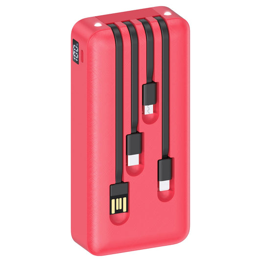 Power Bank 1 Hora Rojo 20000mAh con 4 Cables Incorporados Compatible para IP, Samsung y Xiaomi