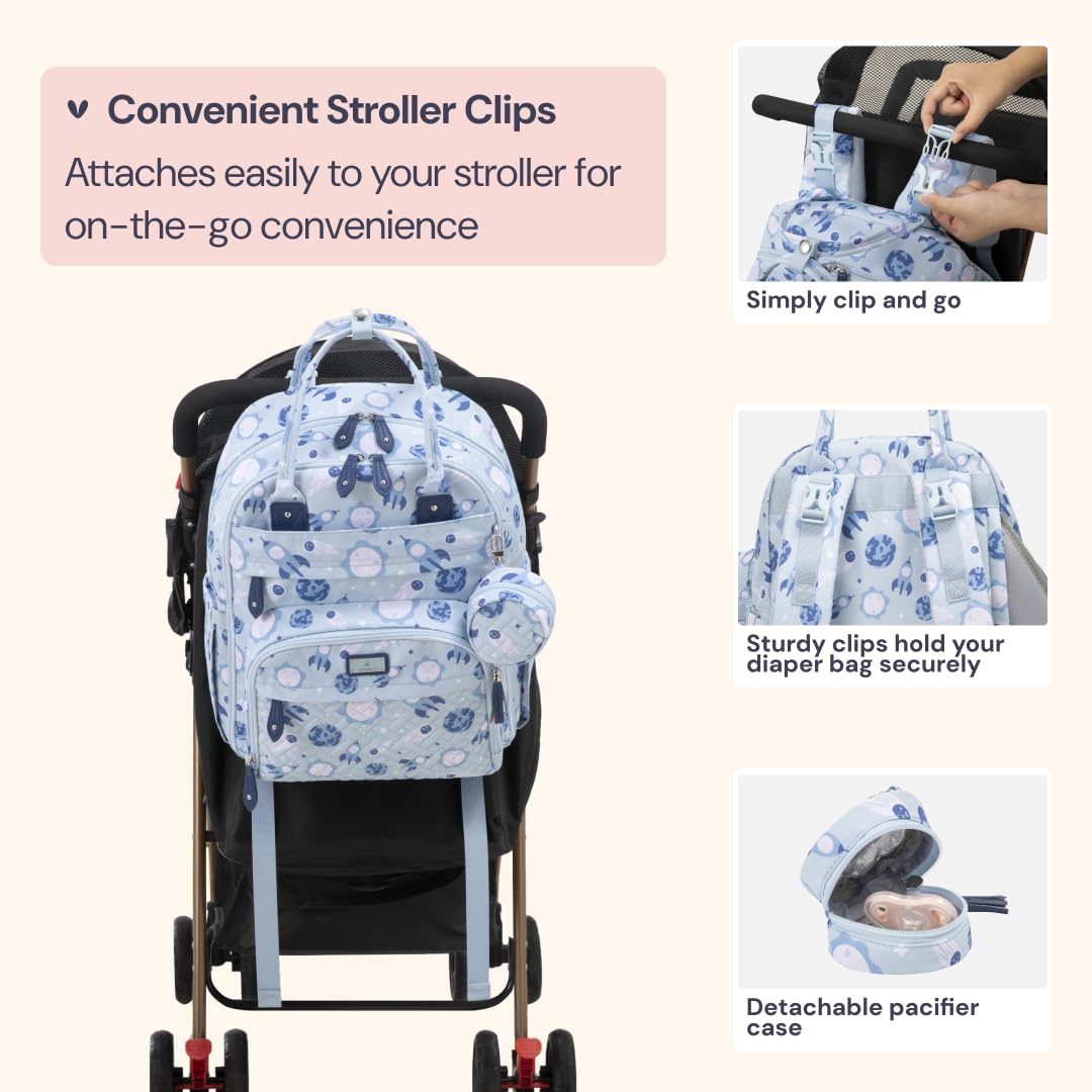 BabbleRoo Mochila para pañales, bolsa de viaje para bebé Essentials con cambiador, correas para cochecito y estuche para chupete, Cósmico, Medium