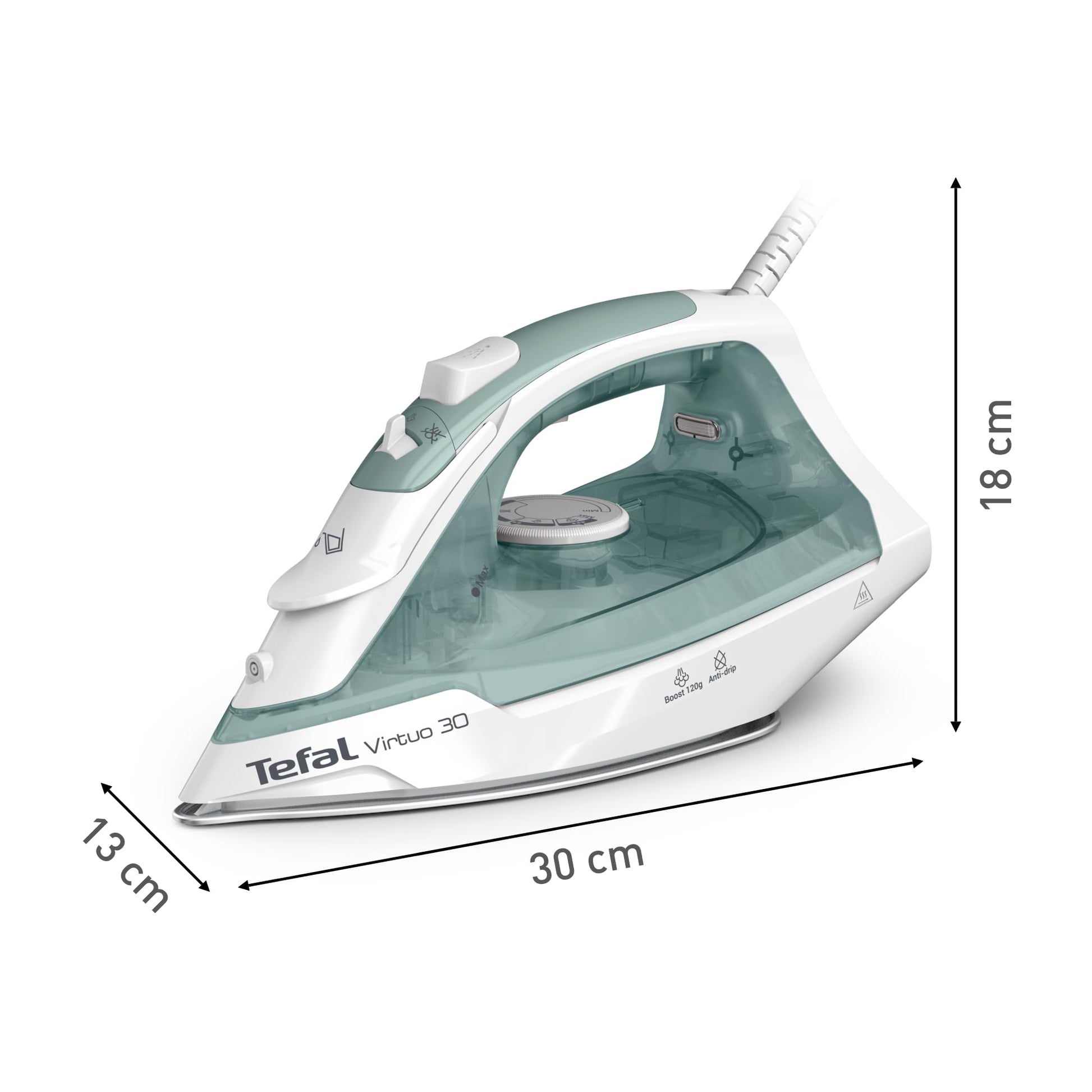 Tefal Virtuo FV2C42E0 - Plancha de vapor (2000 W, 27 g/min, golpe de vapor de 120 g/min, tiempo de calentamiento, vapor vertical, antigoteo, punta de precisión de eucalipto
