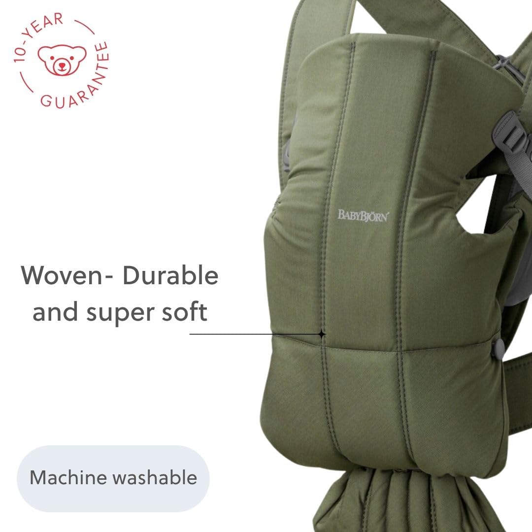 BabyBjörn Canguro Portabebé Mini, Tejido, Verde oscuro | Para recién nacidos, de 0 a 12 meses (3.2–11 kg), ergonómico y fácil de usar