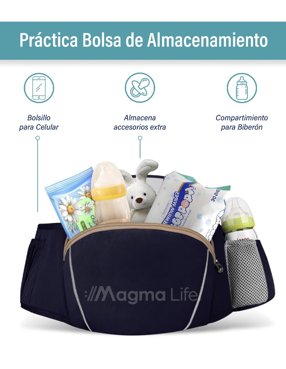 Magma Life Cangurera Ergonómica para Bebés: Portabebpe Ideal para 12 a 36 meses, Soporta 20kg, con Convenientes Bolsas de Almacenaje