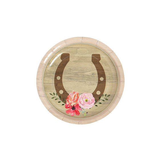 Fun Express - Platos de postre de herradura de papel multicolor para fiesta de caballos, 7.5 pulgadas (paquete de 8) - Diseño resistente y elegante, perfecto para celebraciones con temática occidental