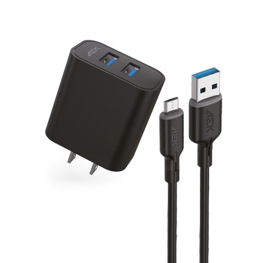 AEK CYBER G04V8 12W Cargador USB con 2 Puertos, Cargador Tipo V8 Plegable y Portátil para Viajar Compatible con Dispositivos moviles, Tablets, audifonos, bocinas, etc. Carga rapida (Negro)
