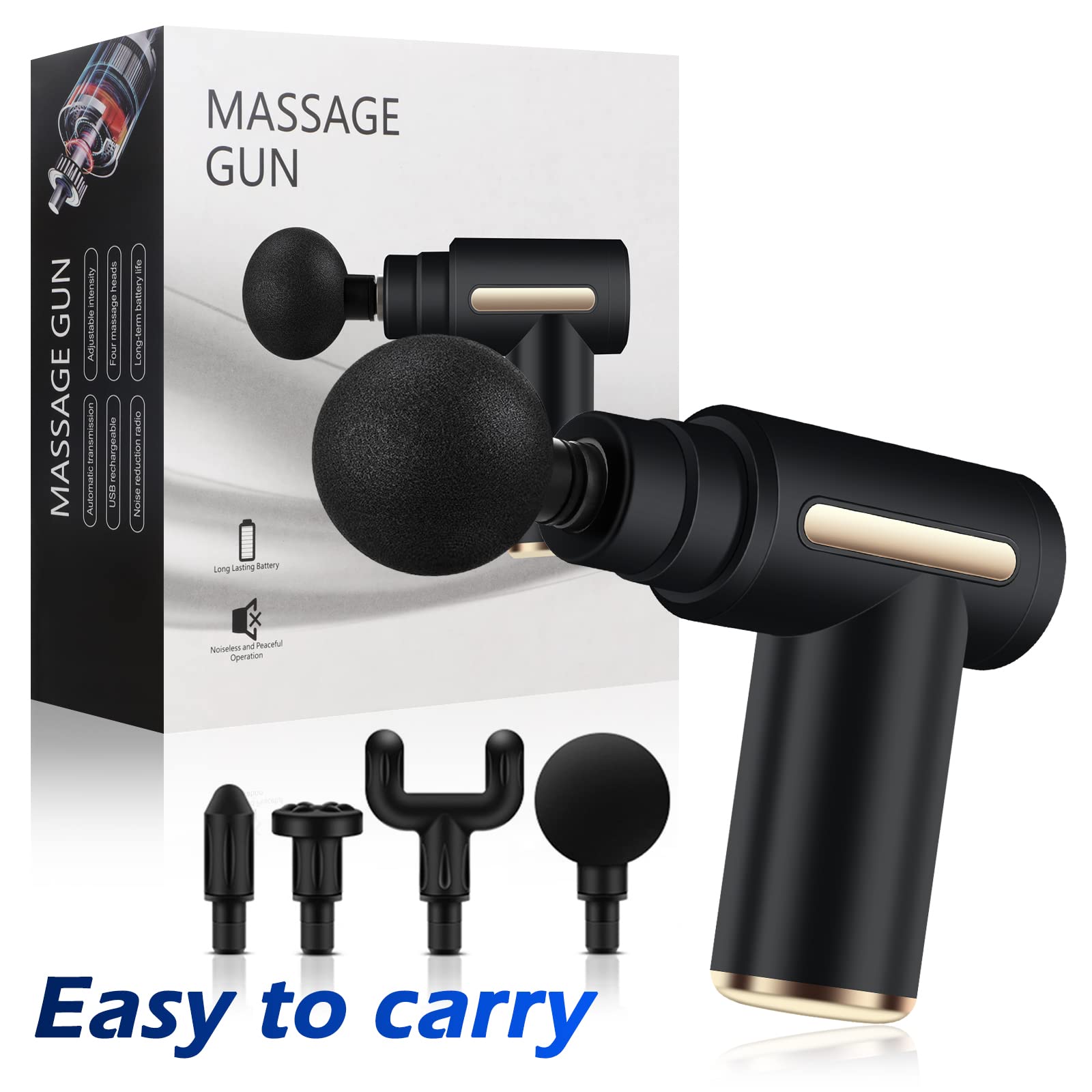 Pistola de Masaje Muscular, Uplayteck Masajeador Portatil Muscular Mini Masajeador de Tejido Profundo Ajustables Massage Gun Portátil 4 Cabezales de Masaje para Relajar Los Músculos Aliviar el Dolor (Negro)