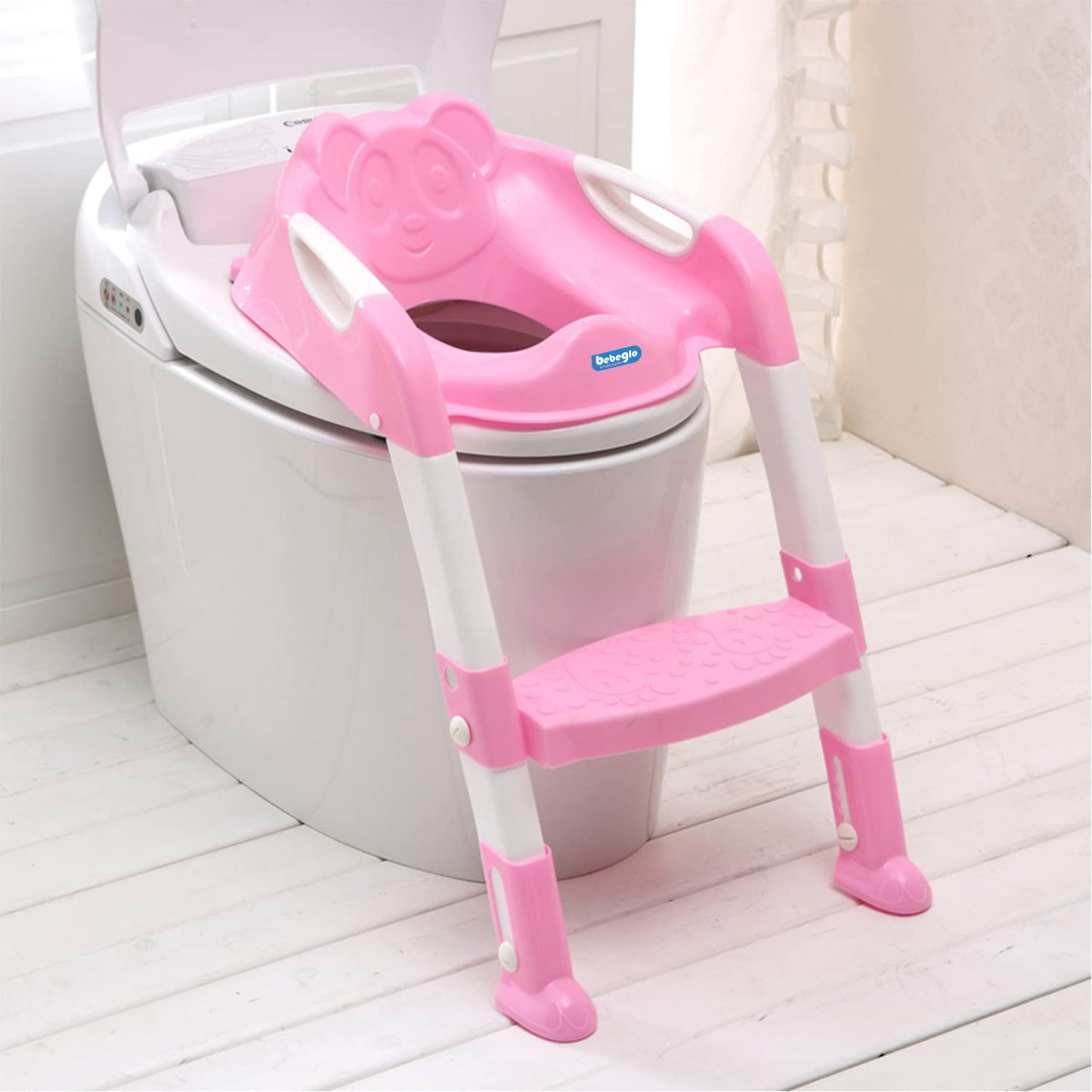 Bebeglo Asiento WC/Bacinica para Bebé con Escalones Ajustables y Asiento con Goma Antideslizante - Bacinica para Bebé con Manillas Retirables Soporte de hasta 30 kg Medidas 38 x 43 x 46 cm (Rosa)