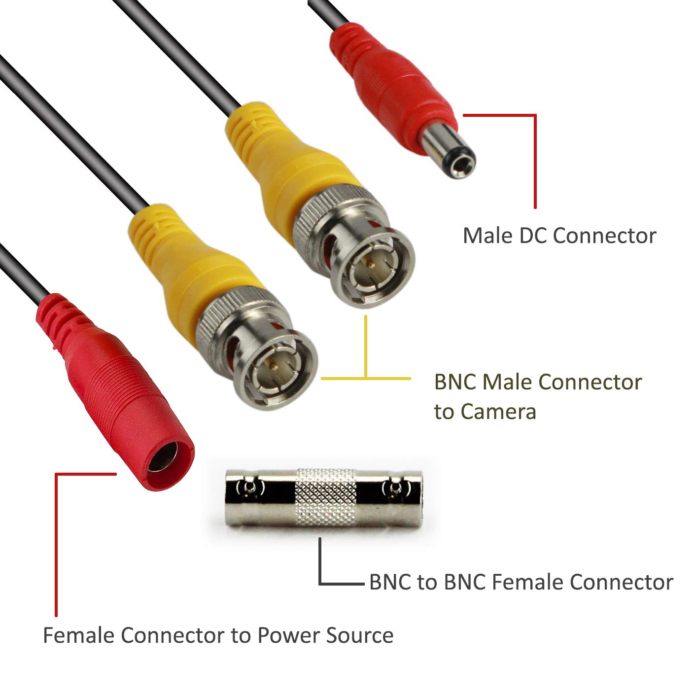 InstallerCCTV BNC Cable de alimentación de video de 60 pies todo en uno HD-TVI HD-CVI AHD analógico 1080p Negro Cable de alimentación prefabricado con conectores para cámaras de seguridad CCTV, color