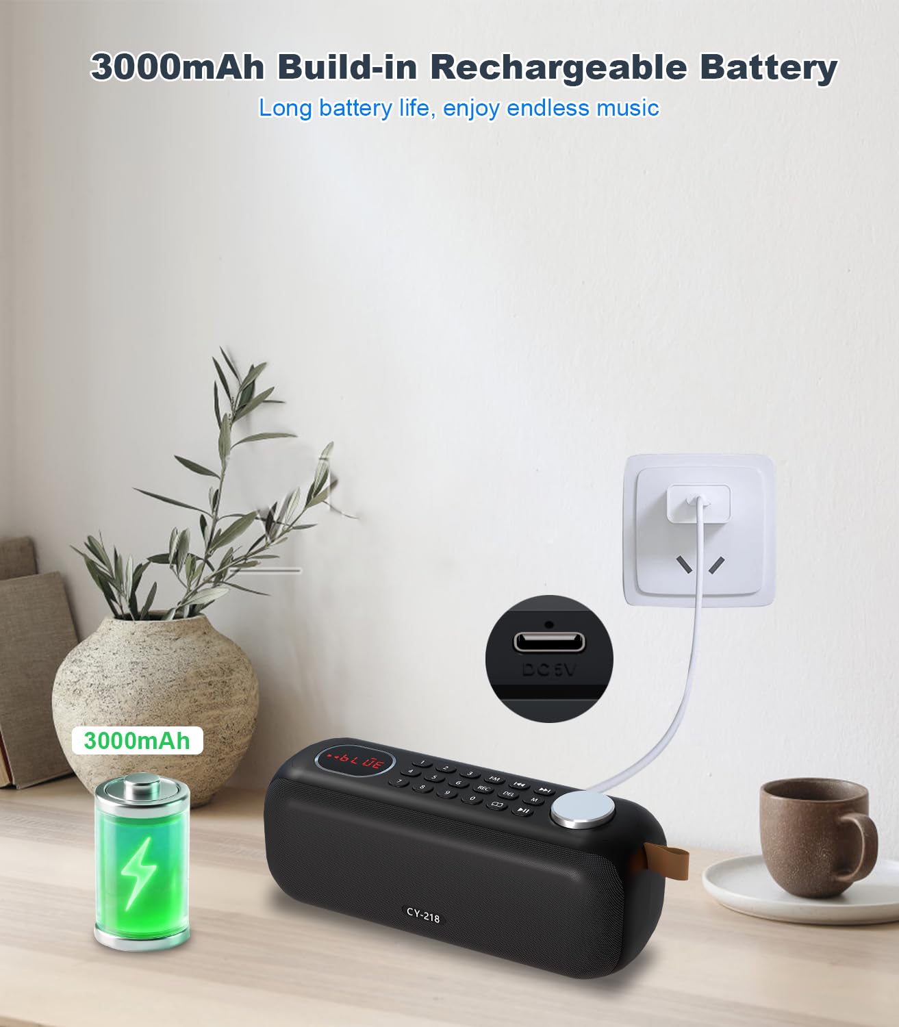 ONGTEED - Altavoz Bluetooth portátil con radio FM digital, compatible con tarjeta USB/SD MP3 Play/AUX/REC, batería recargable integrada de 3000 mAh, altavoz súper sonido y conector para auriculares