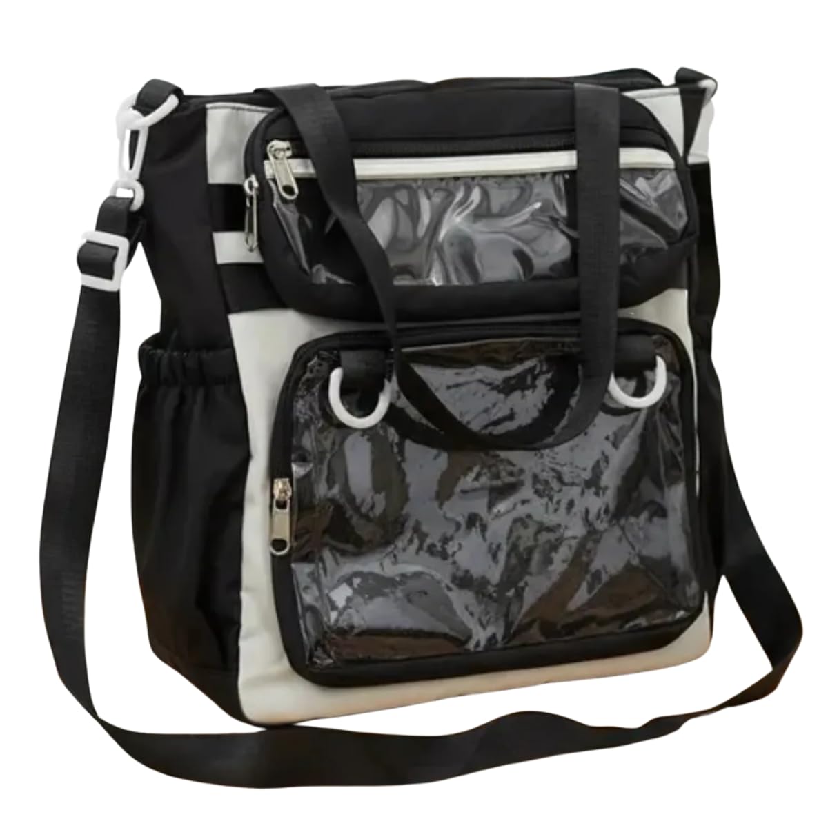 Mochila Pañalera Moderna Multifuncional de Nylon con Ventanas Transparentes, Bolsa Organizadora Urbana Ligera y Compacta para Bebé, Bolsas laterales, Bolsita y Asa Removibles (Negro)