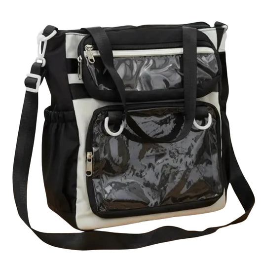 Mochila Pañalera Nylon Negro Multifuncional con Ventanas Transparentes para Bebé