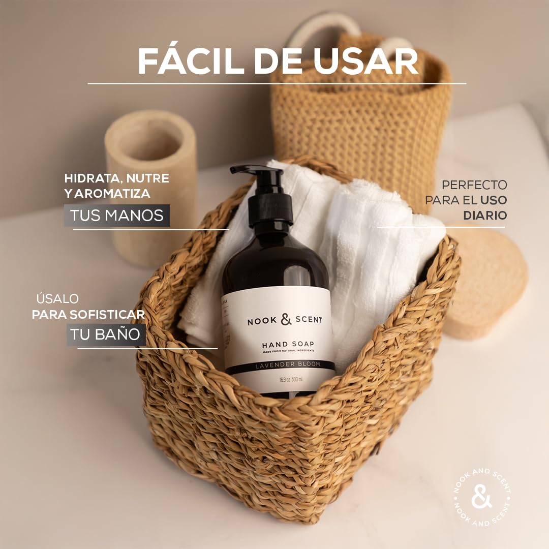 Jabón Líquido para Manos | 500 ml | Limpieza y Frescura | Libre de Sulfatos y Parabenos, Vegano, Aceites Esenciales, Aroma Energizante de Limón y Naranja | Nook & Scent (Lavanda)