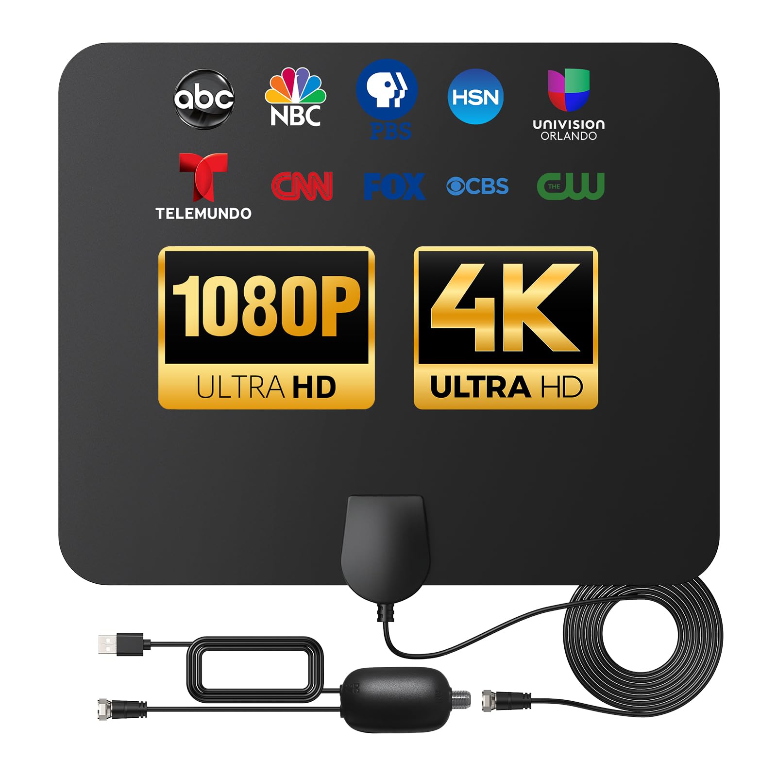 Antena de TV para interiores de largo alcance de 900 millas, compatible con recepción de señal de TV inteligente 4K 1080p con amplificador de señal Cable coaxial HDTV de 15 pies