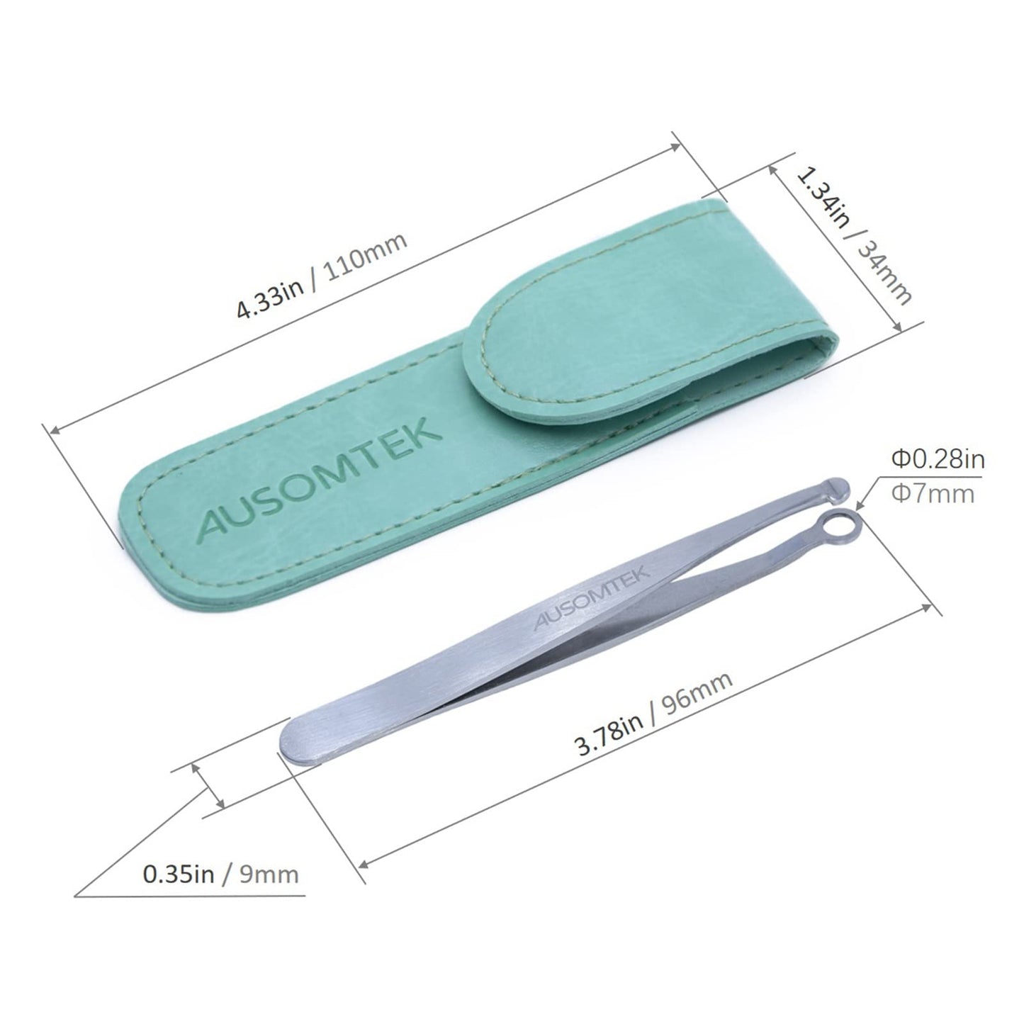 AUSOMTEK Nose Hair & Ear Hair Trimming Tweezers, Eyebrow Grooming Scissors, Eyelash Clipper, Stainless Steel Grooming Scissors, Safe Round-Headed, for Men and Women (Cyan PU Case) (1 pack)