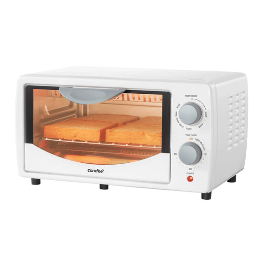 COMFEE' Horno de encimera, pequeño horno tostador combinado de 4 rebanadas, mini horno para pizza de 9 pulgadas, horno compacto, hornear, asar, 950 W, blanco, CTO-E101A (WH)