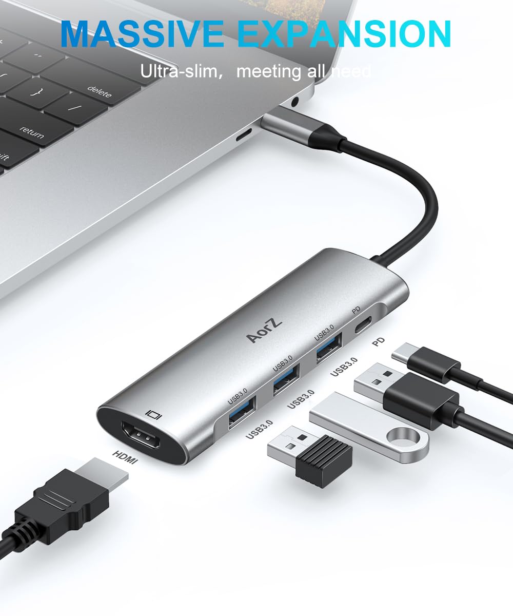 Hub USB C, adaptador multipuerto USB C 4K a 60Hz AorZ 5 en 1 adaptador USBC a HDMI con 1 salida HDMI 4K, 3 puertos USB 3.0, 1 PD, adaptador para MacBook, cubierta de vapor y la mayoría de dispositivos