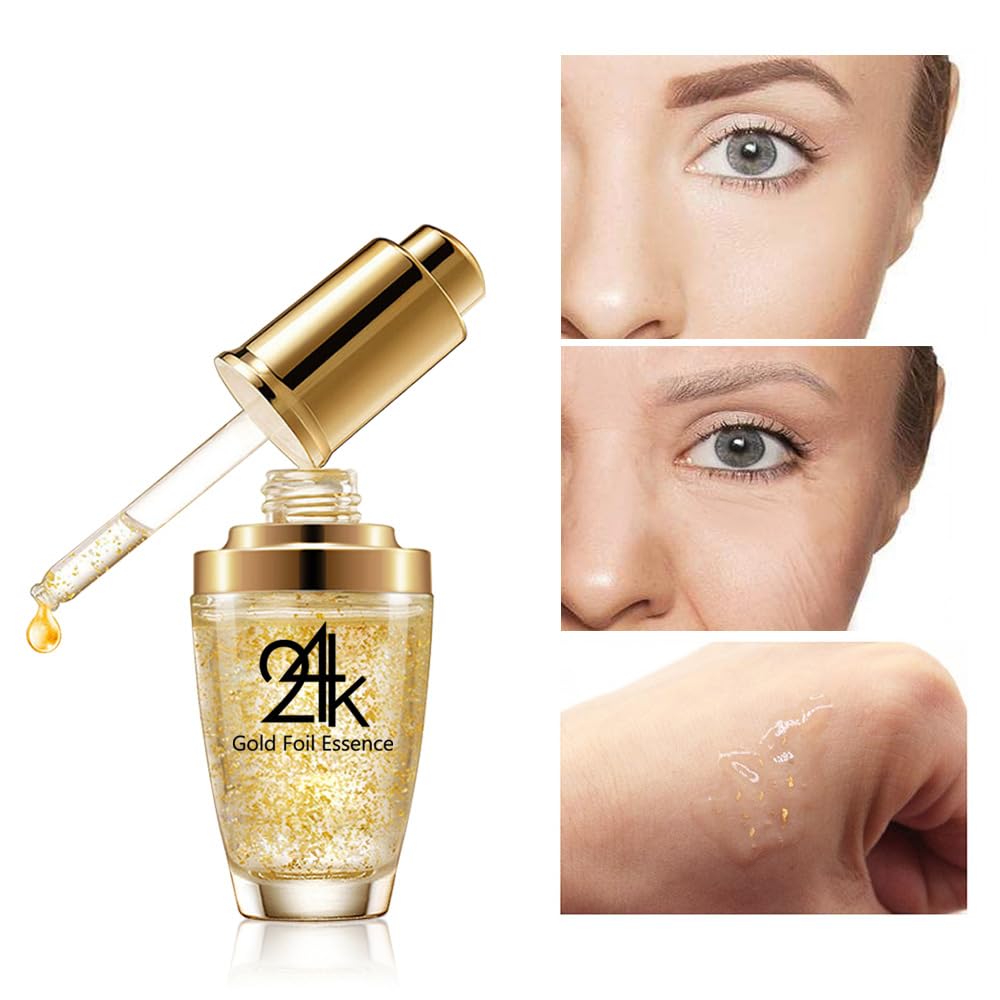 Serum Treatment for Women: 24K Gold Foil Essence with Hyaluronic Acid - Anti Aging, Wrinkle Moisturizing, Firming Face Care - 30ml
