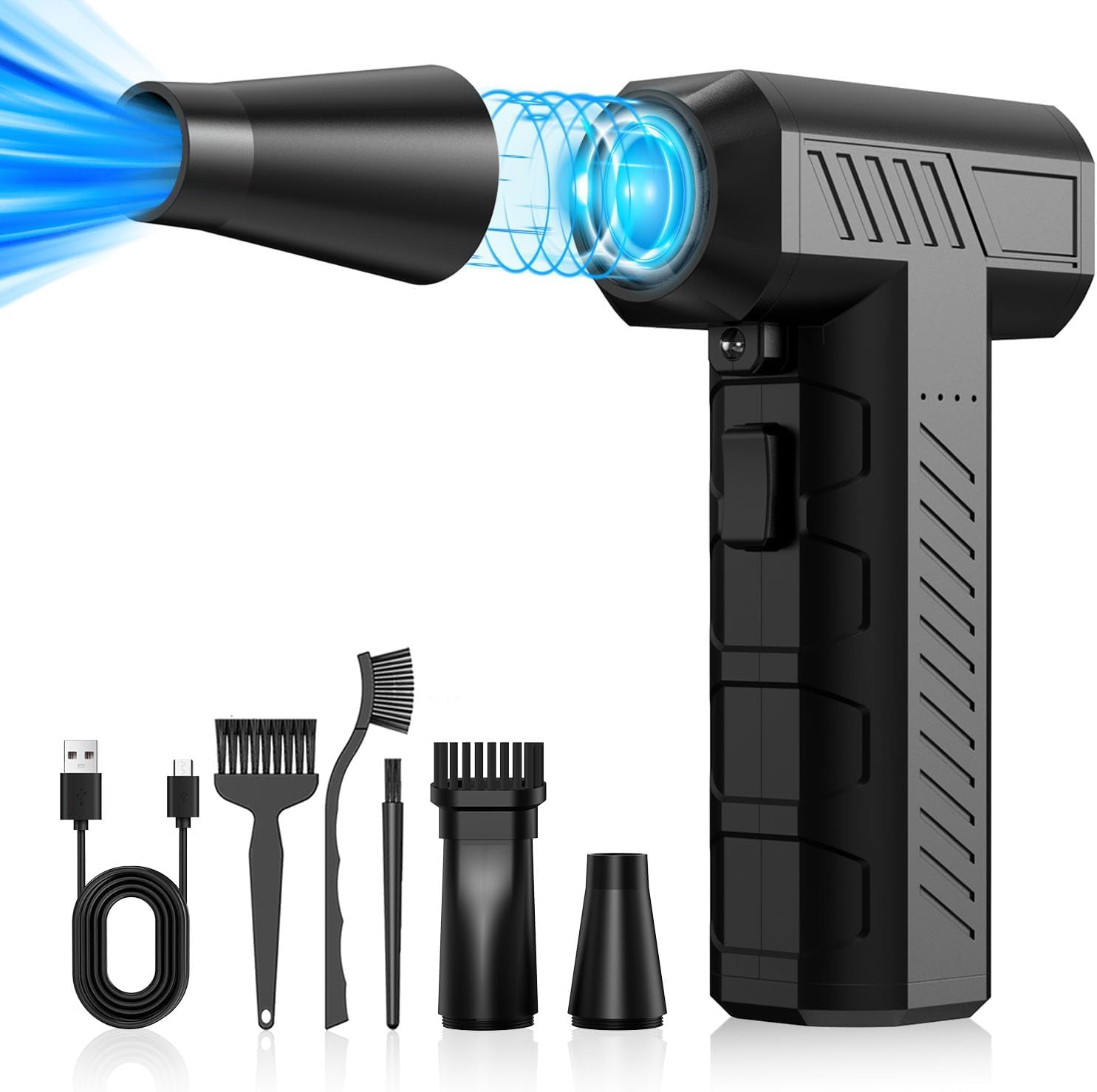 CAGIWIRU - Plumero de aire comprimido, mini ventilador turbo ventilador, 150000 rpm, plumero eléctrico inalámbrico para limpieza de teclado y PC, sin enlatado, soplador de aire para hogar y coche