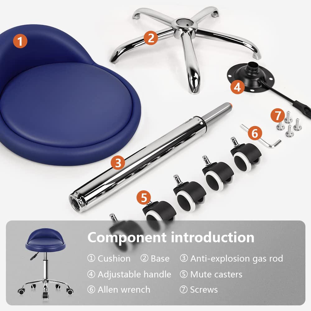 KKTONER Taburete de Cuero Artificial con Respaldo Giratorio Taburete con Ruedas Ajustable en Altura con Reposapiés para Pintar Tatuajes Masajes SPA Taburete de Trabajo para Taller (Azul)