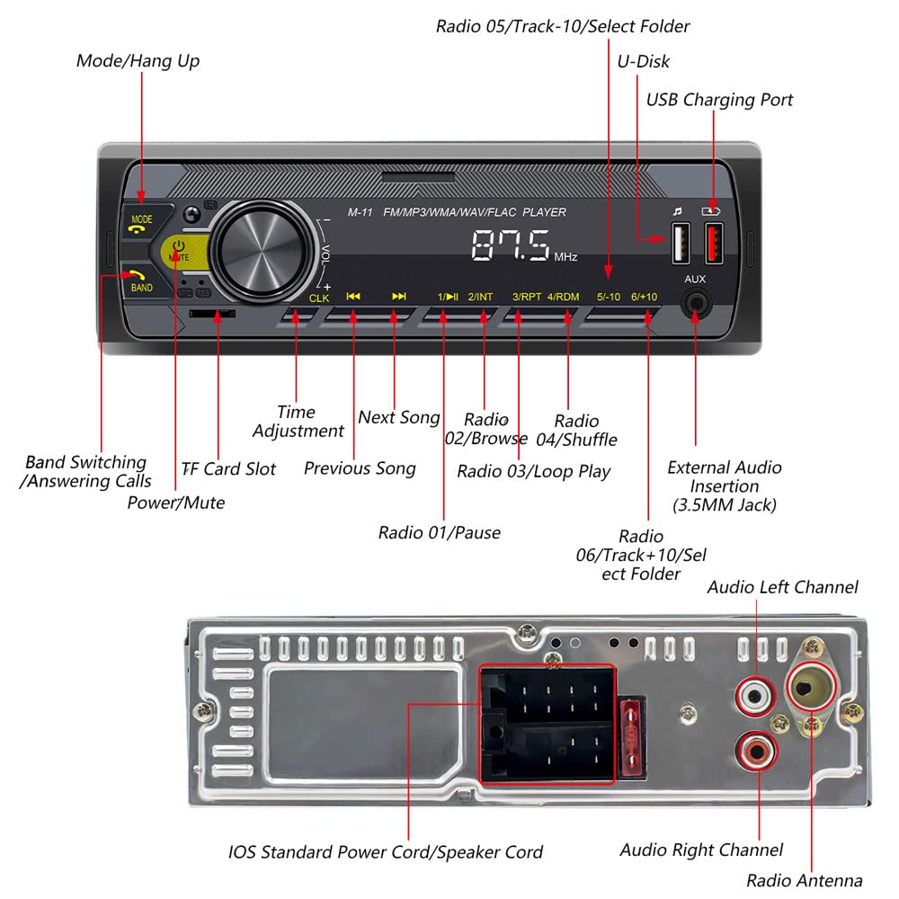 Feiniao Reproductor de MP3 para automóvil, Reproductor Estereo para Automovil, Receptor estéreo BT Radio FM Soporte de Llamadas con Manos Libres Carga USB U-Disk/Tarjeta TF/AUX-IN Asistencia de Voz
