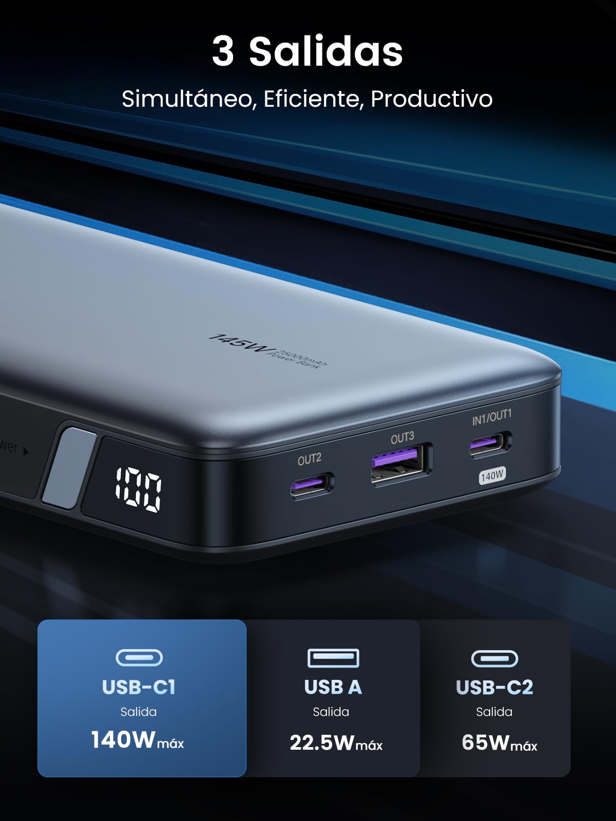 Cargador Portátil UGREEN 145W Negro con Pantalla Digital y 3 Puertos para iPhone Xiaomi Galaxy