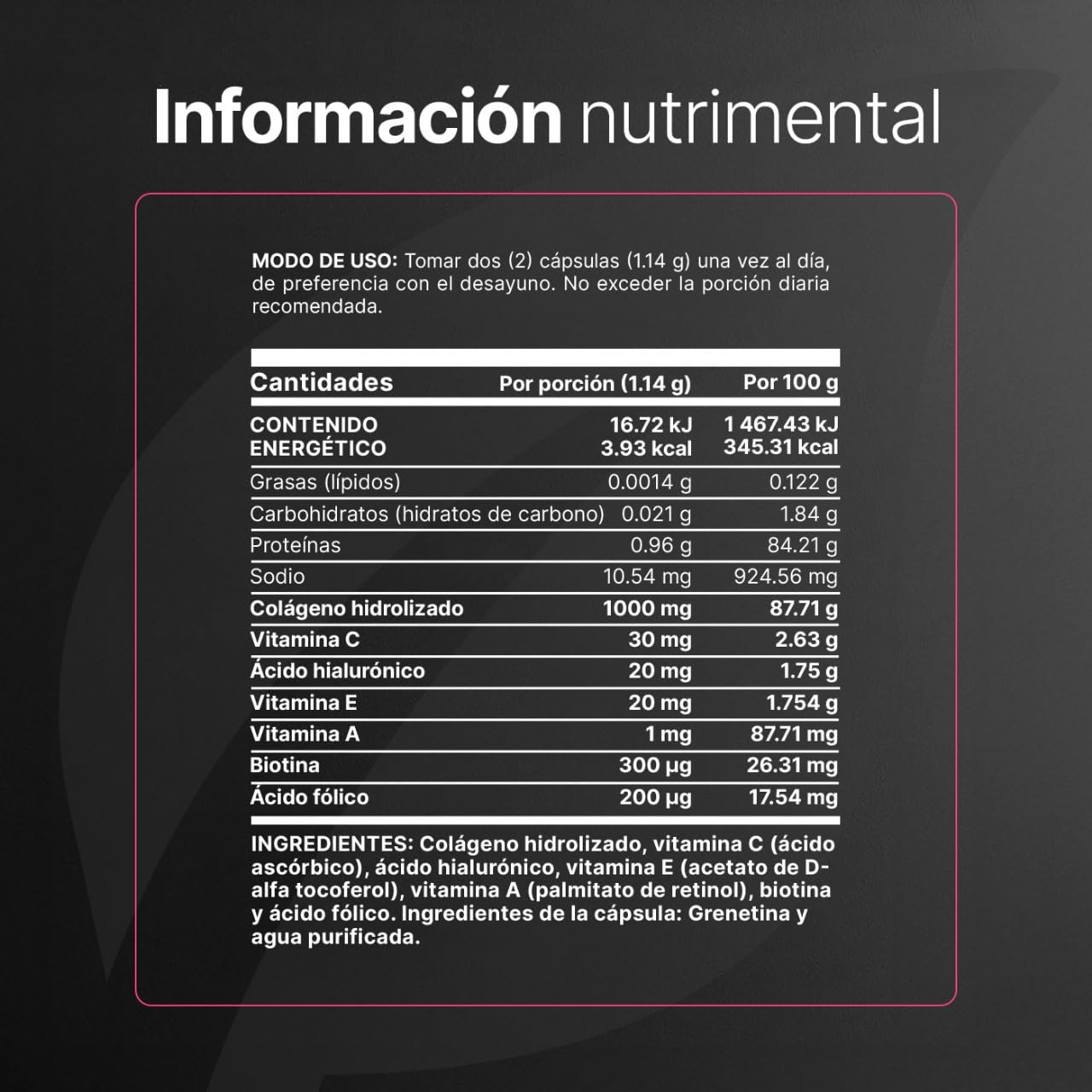 Colágeno Hidrolizado | 100 Cápsulas 1140 mg por porción. Biotina, Ácido Hialurónico, Ácido Fólico, Vitamina E, Vitamina A y C. Ingredientes naturales. Collagen Blend B Life.